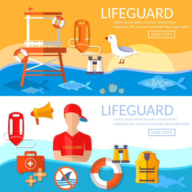 Lifeguards banners work of a professional lifeguard on the beach Lifeguards banners work of a professional lifeguard on the beach vector illustration sand river stock illustrations