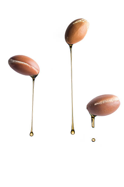 Drops of oil falling from argan fruits stock photo
