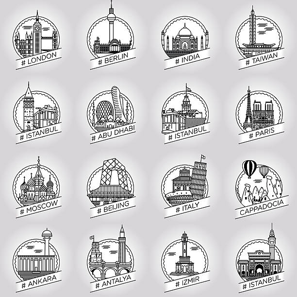 ilustrações, clipart, desenhos animados e ícones de vetor linha cidade e país edifício histórico emblema conjunto - izmir