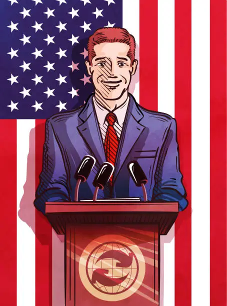 Vector illustration of politician behind the podium making  report. vector illustration