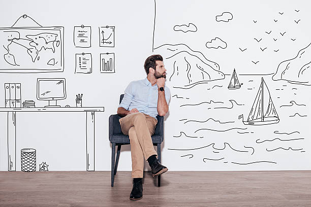 Your dreams can send you far away. Young handsome man keeping hand on chin and looking away while sitting in the chair against illustration of fjord vs. working place sketch photos stock pictures, royalty-free photos & images