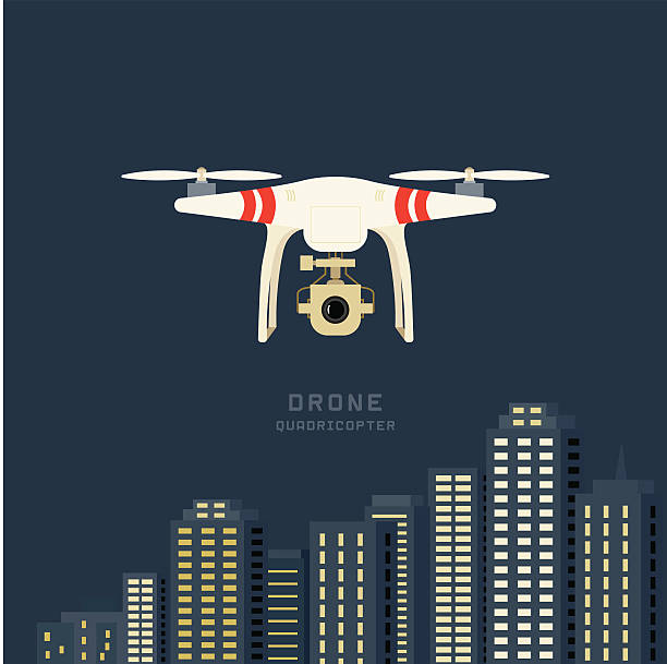 drone with a camera Remote aerial drone with a camera taking photography or video recording . cityscape nigthlight background. Flat design. cityscape videos stock illustrations