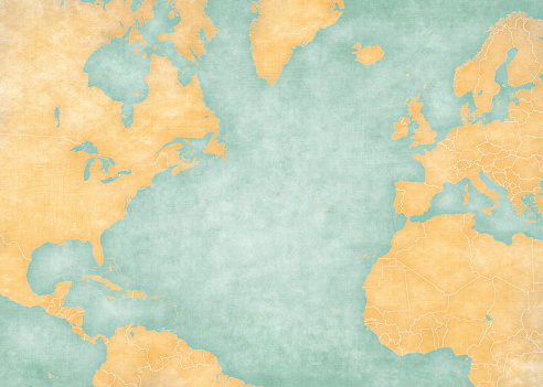 Blank map of North Atlantic Ocean with country borders. The Map is in vintage summer style and sunny mood. The map has soft grunge and vintage atmosphere, like watercolor painting on old paper.