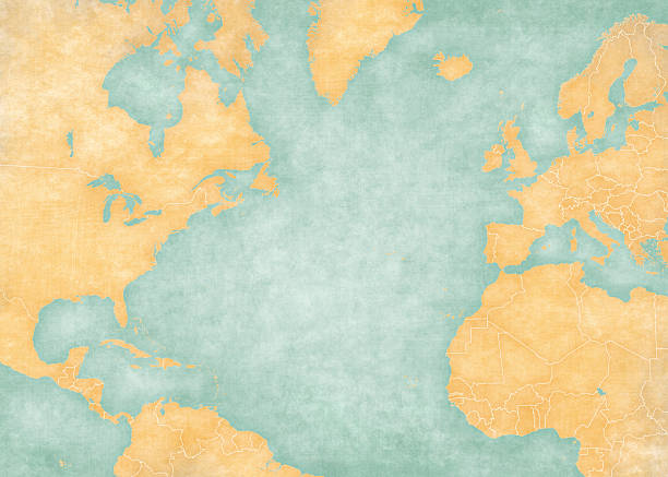 Map of North Atlantic - Blank map (Vintage Series) Blank map of North Atlantic Ocean with country borders. The Map is in vintage summer style and sunny mood. The map has soft grunge and vintage atmosphere, like watercolor painting on old paper. atlantic ocean stock illustrations