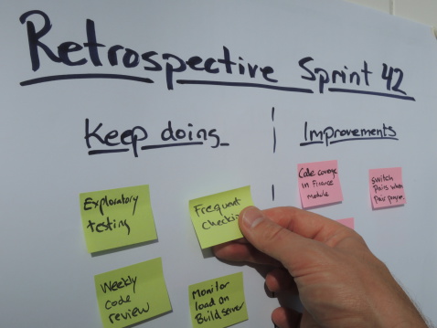 Placing a keep doing note during retrospective meeting held at the end of the sprint in a scrum managed project. Scrum is an agile project management method mostly applied to software development projects.