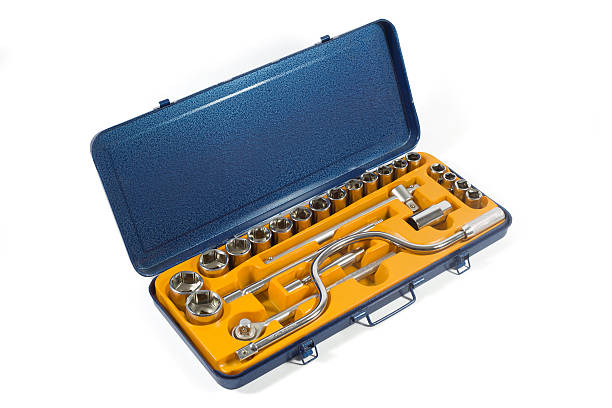 ensemble de clés à molette et bits en bleu boîte à outils isolés - screwdriver screw tighten fastener photos et images de collection