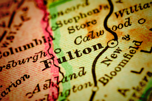 Fulton, Missouri on 1880's map. Selective focus and Canon EOS 5D Mark II with MP-E 65mm macro lens.