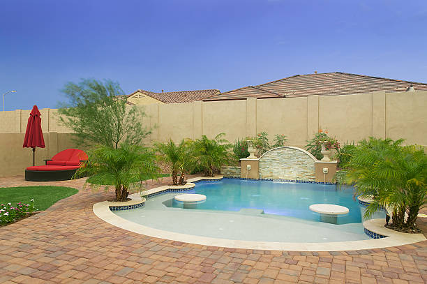 Private Arizona Pool Pool in a Lush landscape. ornamental garden palm tree bush flower stock pictures, royalty-free photos & images