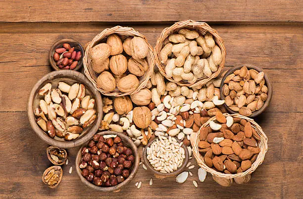 mixed nuts - hazelnuts, walnuts, almonds, pine nuts, brazil, cashew, pistachios, peanuts