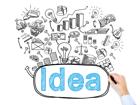hand drawing many business icons and writing the word 'idea' on white background. Concept of a new idea.