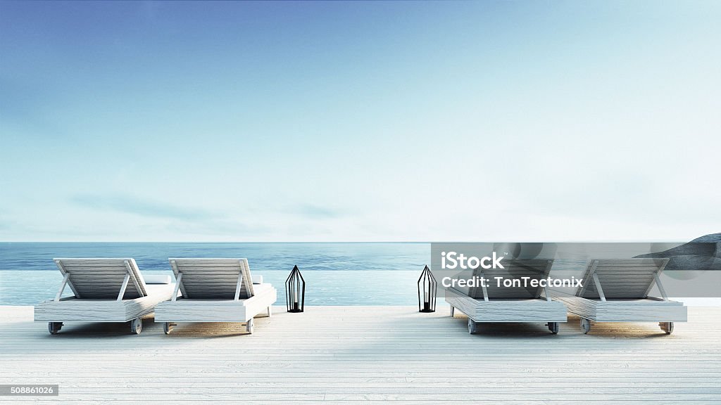 Beach lounge - Sundeck on Sea view Beach lounge - Sundeck on Sea view / 3d render Vacation Rental Stock Photo