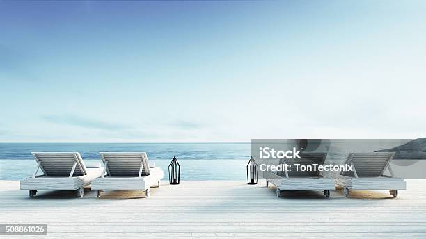 Beach Lounge Sundeck On Sea View Stock Photo - Download Image Now - Vacation Rental, Villa, White Color