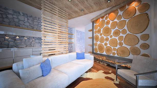 3 d considerada imagem de uma montanha interior com lareira e cozinha - accent wall - fotografias e filmes do acervo