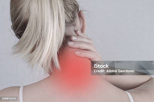 Woman With Neck Pain Close Up Pain Relief Concept Stock Photo - Download Image Now - Physical Injury, Rubbing, Women