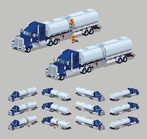 ciemny-niebieski ciężkie ciężarówki z srebrny tank – trailer - fuel tanker truck storage tank isometric stock illustrations