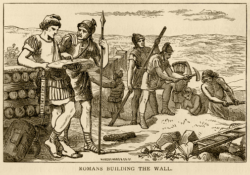 Roman soldiers building Hadrian’s Wall in the North of England, which was constructed c122AD (during the reign of the Emperor Hadrian) to keep out the Picts (Scots). From “Aunt Charlotte’s Stories of English History for the Little Ones” by Charlotte M Yonge. Published by Marcus Ward & Co, London & Belfast, in 1884.
