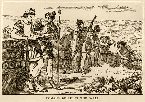 Romans building Hadrian's Wall Roman soldiers building Hadrian’s Wall in the North of England, which was constructed c122AD (during the reign of the Emperor Hadrian) to keep out the Picts (Scots). From “Aunt Charlotte’s Stories of English History for the Little Ones” by Charlotte M Yonge. Published by Marcus Ward & Co, London & Belfast, in 1884. british culture illustrations stock illustrations