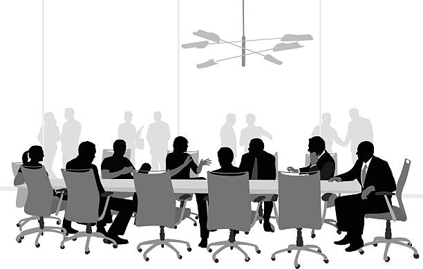 Large Boardroom Business Meeting A vector silhouette illustration of a business meeting in a conference room with business men and women sitting around a table with people behind a glass window in the background. shadow team business business person stock illustrations