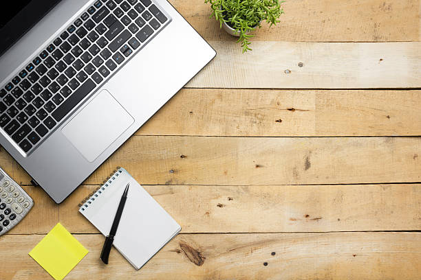 istock Office desk table with supplies. Top view. Copy space for 508876684