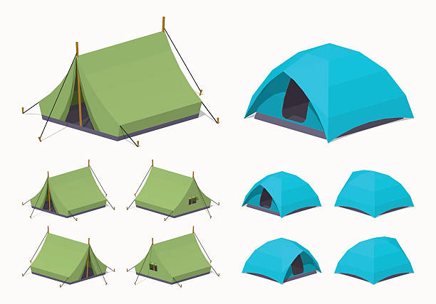 ilustraciones, imágenes clip art, dibujos animados e iconos de stock de verde y azul cielo-acampada tiendas - tent camping dome tent single object