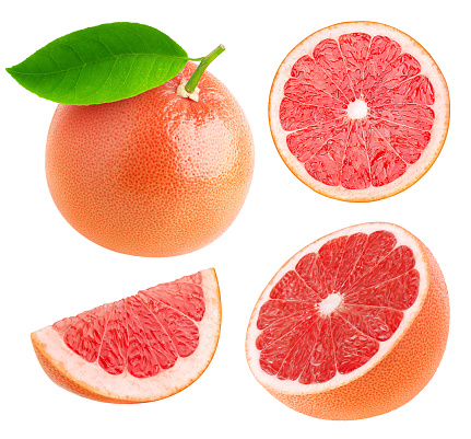 Whole and cut grapefruits collection isolated on white