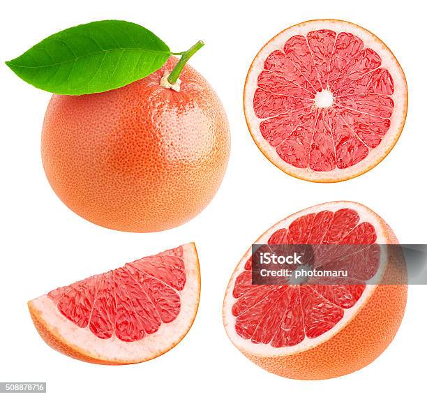 Whole And Cut Grapefruits Collection Isolated On White Stock Photo - Download Image Now