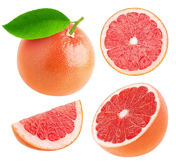 inteiras e cortadas toranjas coleção isolado num branco - grapefruit fruit freshness pink imagens e fotografias de stock