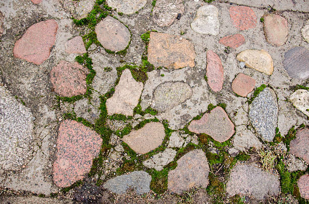 istock Brick pavement blocks. Cobbled pavement. Green moss on old stone 508879434