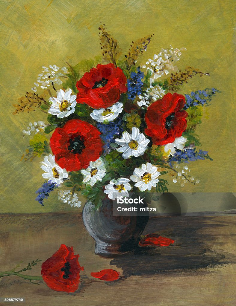 Acrylic painting of wild flowers arrangement in ceramic vase This is my artwork and I am the owner of copyright. It represents a wild flower arrangement in traditional ceramic vase. the res poppy flowers, the  daisies tohttp://colorstudio.ro/photos/mitzaflowers.jpggether with blue lavender flowers make a beautiful bouquet.  Painting - Art Product stock illustration