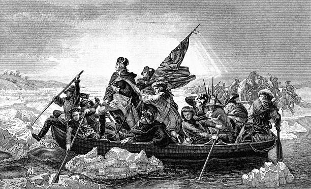 George Washington crossing the River Delaware An engraved illustration of George Washington crossing the River Delaware during the American Revolutionary War, from a Victorian book dated 1886 that is no longer in copyright history illustrations stock illustrations