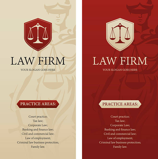Law office, firm or company vertical banners Vertical design template for law office, firm or company with justice scales logo and Themis statue silhouette on background. Can be used as web banner, poster, brochure, leaflet or flyer etc. law designs stock illustrations