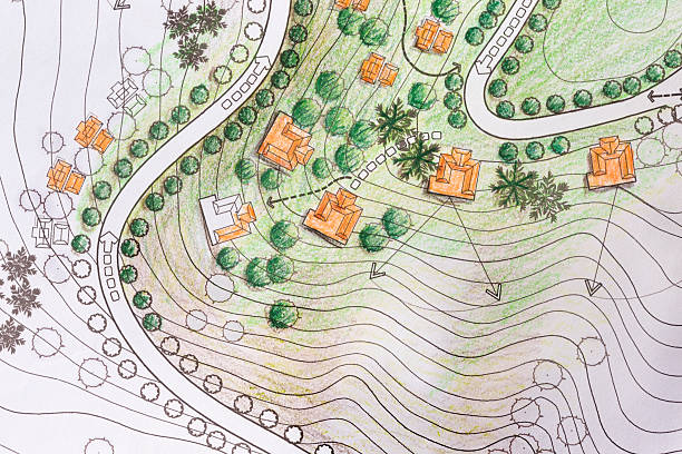 arquitecto paisajista diseñar plan de análisis de sitio - landscape design landscaped plan fotografías e imágenes de stock