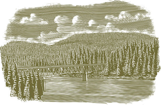 Woodcut Bridge Over River vector art illustration