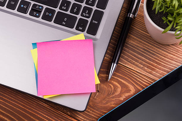 istock Office table desk with supplies, white blank note pad, cup 508882564