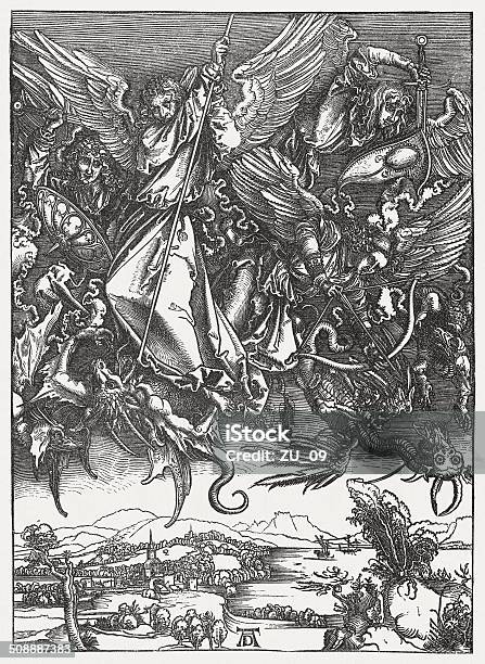 St Michael Fighting The Dragon Stock Vektor Art und mehr Bilder von Albrecht Dürer - Albrecht Dürer, Christentum, Engel