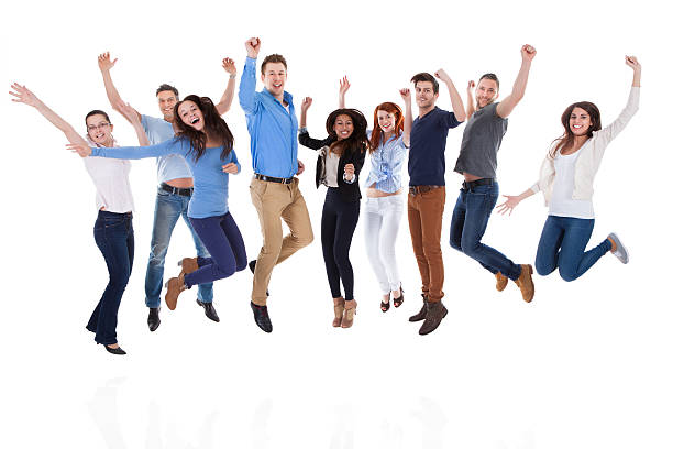 istock Group of diverse people raising arms and jumping 508887911