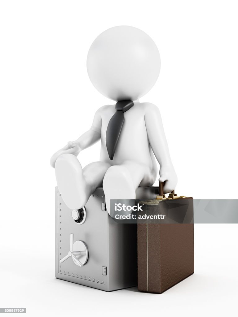 Businessman sitting on steel safe. Accessibility Stock Photo