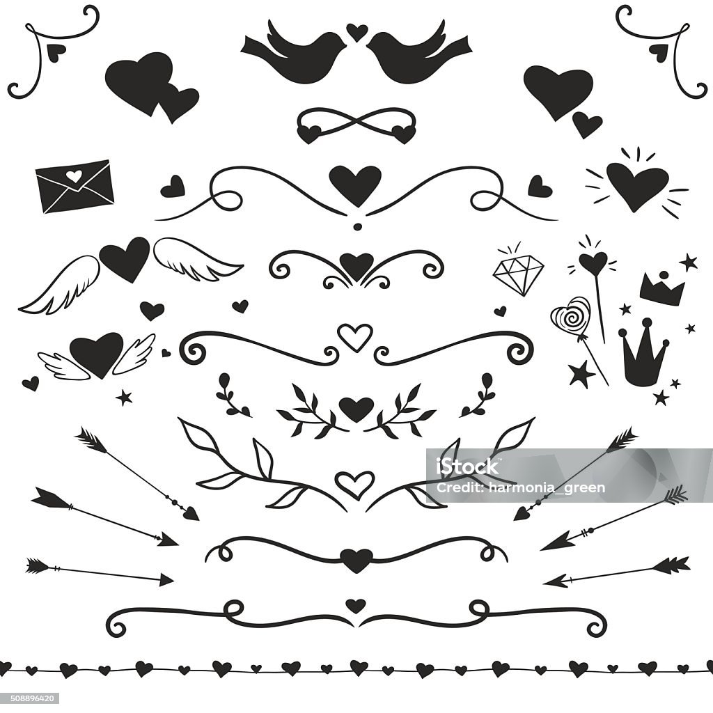 Valentine's Day set Valentine Day collection: hearts, arrows, doves, decorative swirls and curls, romantic vector decorations Arrow Symbol stock vector