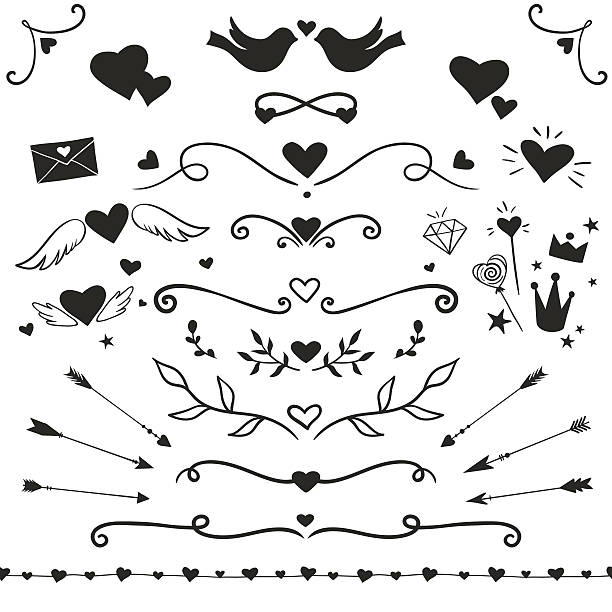 Valentine's Day set Valentine Day collection: hearts, arrows, doves, decorative swirls and curls, romantic vector decorations black and white heart stock illustrations