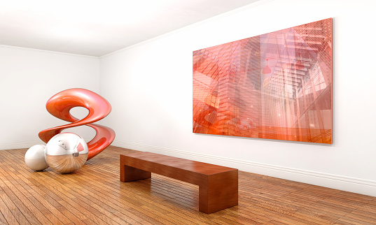 Modern art sculpture and abstract painting, with a contemporary conceptual style, inside an art gallery with white walls and brown wooden floor. The sculpture - which is made of three geometric elements in silver, pearl and red metal - is on the left side, while a bench sits in front of an wall mounted painting on the right side. Art gallery and museum space with bright illumination, perspective view. Digitally generated image.