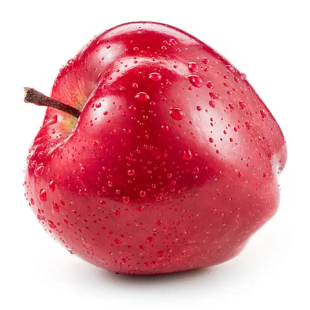 Photo of Red apple with drops isolated on white.