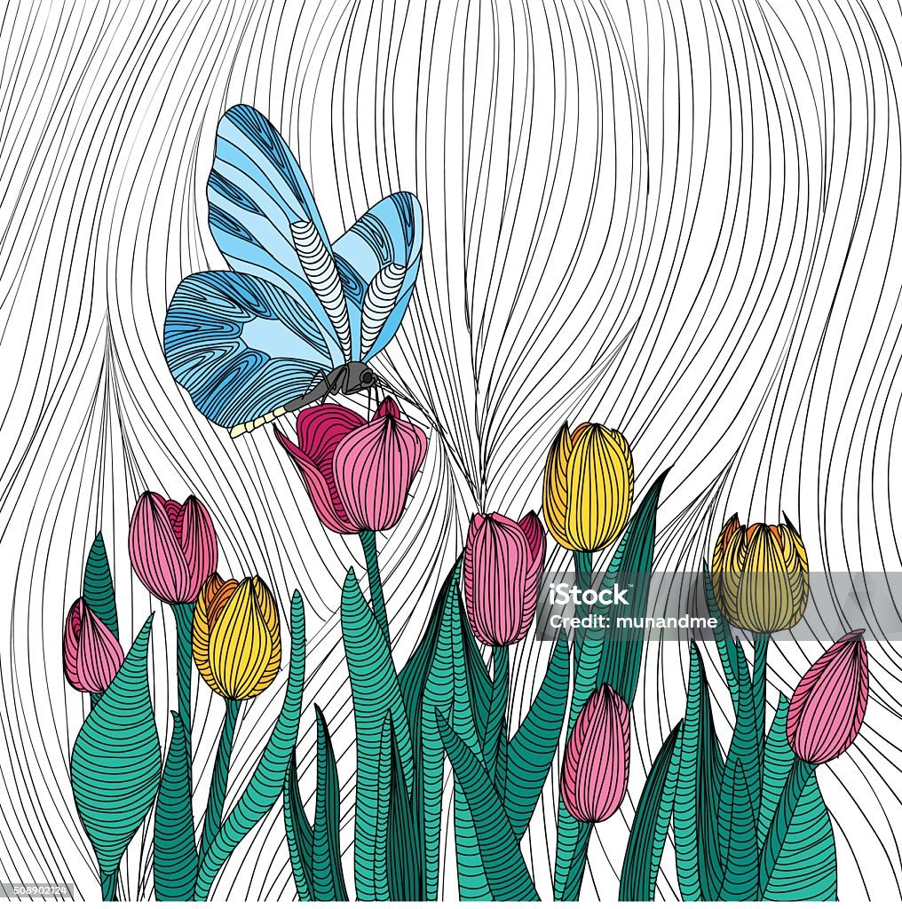 Tulips Field And Blue Butterfly Outline Hand Draw Stock ...