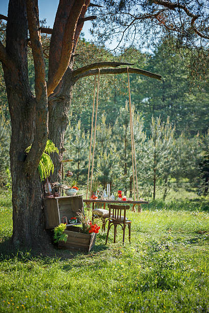 istock Decor Romantic dinner with  candles,flowers in green forest 508902336