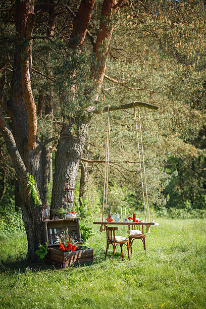istock Decor Romantic dinner with  candles,flowers in green forest 508903204