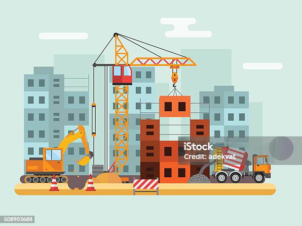 Gebäude Im Bau Arbeiter Und Bau Technische Vektorillustration Stock Vektor Art und mehr Bilder von Baugewerbe