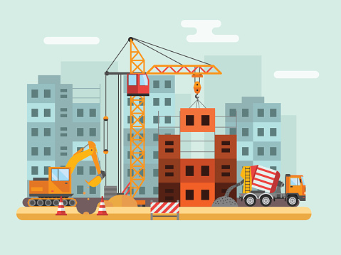 Building under construction, workers and construction technical vector illustration. Building mixer truck, crane vector. Under construction concept. Workers in helmet, construction machine isolated