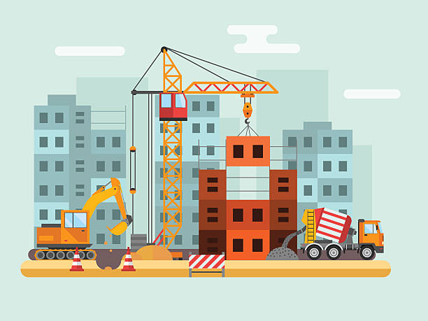 Building under construction, workers and construction technical vector illustration Building under construction, workers and construction technical vector illustration. Building mixer truck, crane vector. Under construction concept. Workers in helmet, construction machine isolated construction industry illustrations stock illustrations
