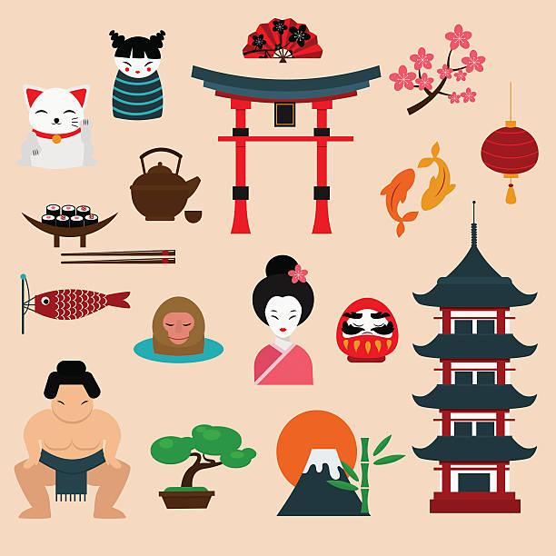ilustraciones, imágenes clip art, dibujos animados e iconos de stock de japón viajes iconos de vector de de elementos de referencia - japanese culture single flower flower east