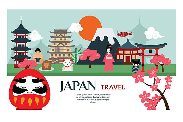 Japan landmark travel vector poster Japan landmark travel vector poster. Japan culture design elements. Japan travel time vector illustration tourist site stock illustrations