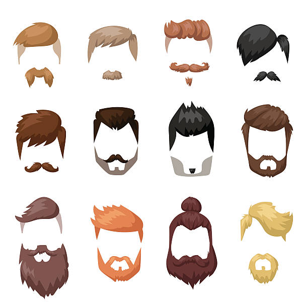 illustrazioni stock, clip art, cartoni animati e icone di tendenza di taglio di capelli barba e capelli tagliati maschera viso piatto fumetto collezione - men hairdresser human hair hairstyle